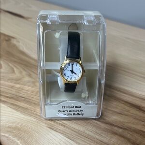 Classic EZ Read Dial Ladies Watch - Black Band, Gold Case- needs battery